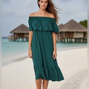NWT LOFT Beach Off-Shoulder Ruffle Midi Dress in Teal | XL